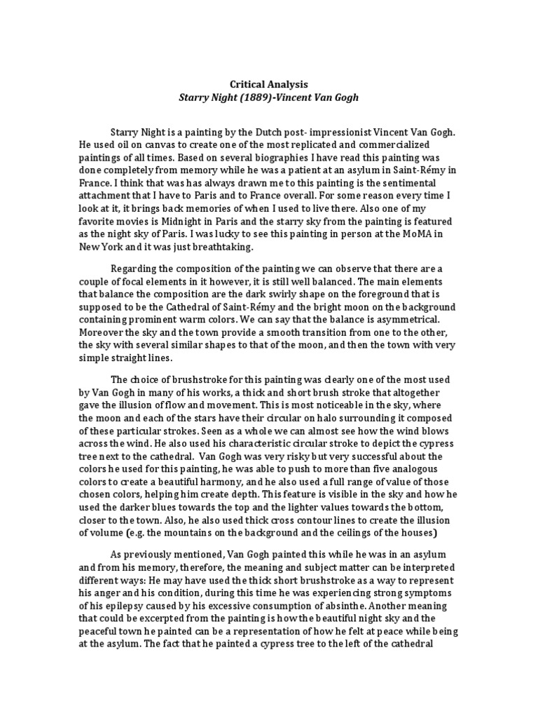 “Analysis of Vincent Van Gogh’s Starry Night”, Essay Example