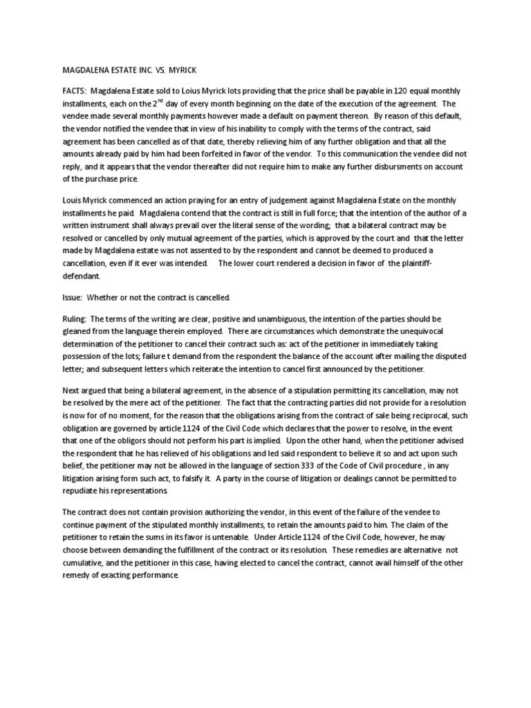 Resolution of a Land Sale Contract Whether Cancellation of the