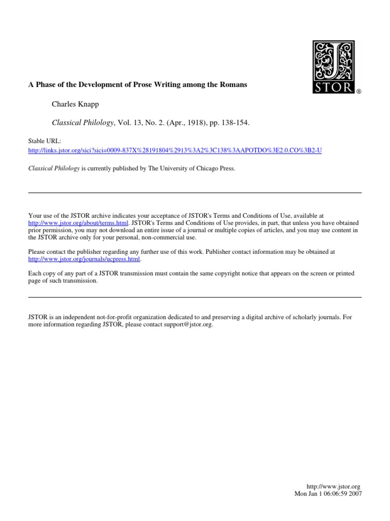 A Phase of The Development of Prose Writing Among The Romans | PDF