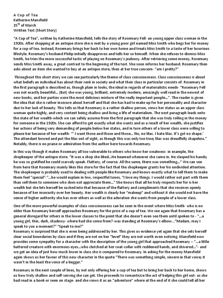 Analysis Of A Cup Of Tea By Katherine Mansfield