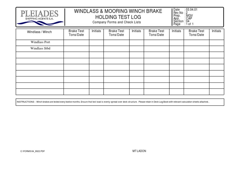 Windlass & Mooring Winch Brake Holding Test Log PDF