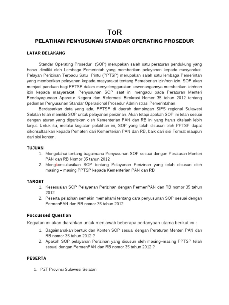 Tor Pelatihan Penyusunan Sop Pdf