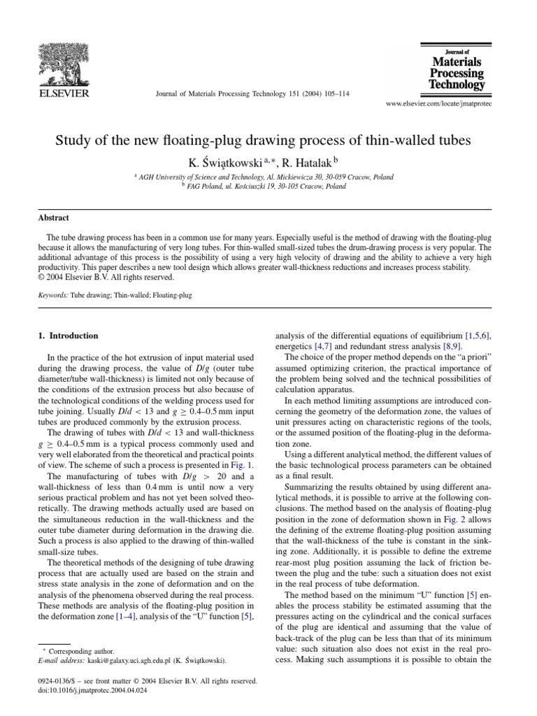 Study of The New FloatingPlug Drawing Process of ThinWalled Tubes