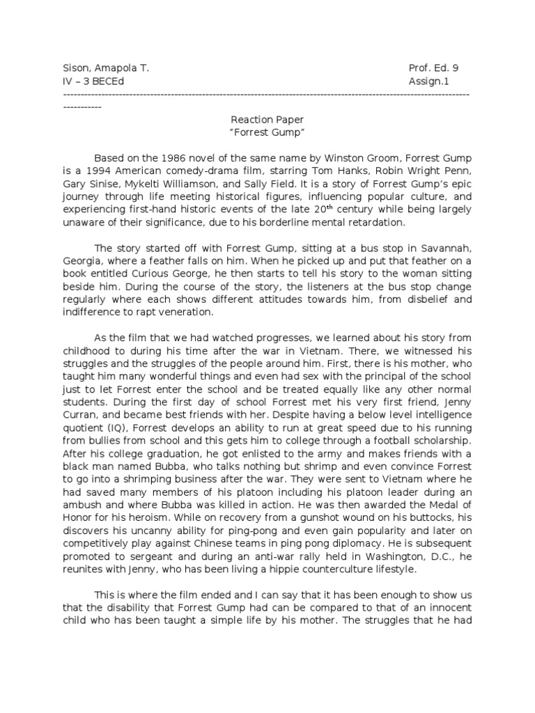 Forrest Gump Film Reaction Paper
