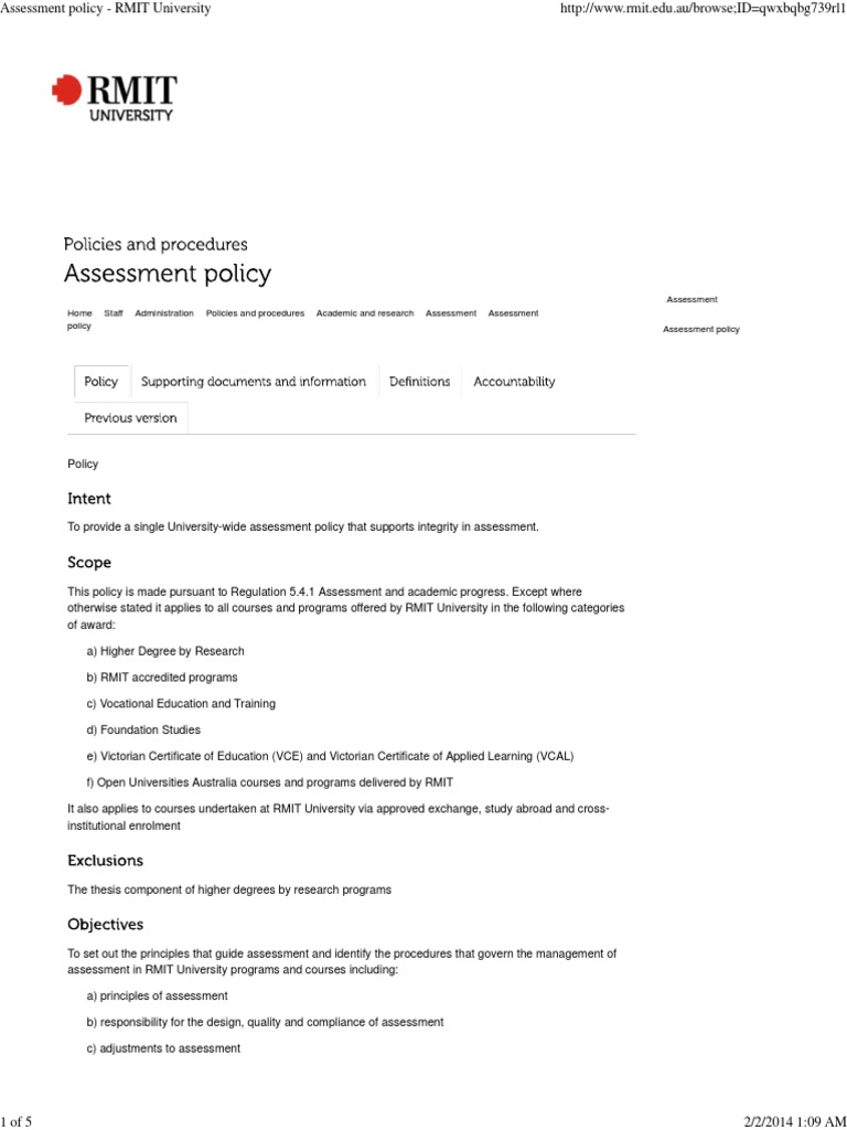 RMIT University Assessment Policy Overview | PDF | Educational ...