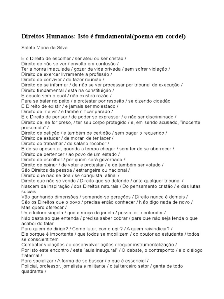 Direitos Humanos Isto É Fundamental - Poema em Cordel | PDF