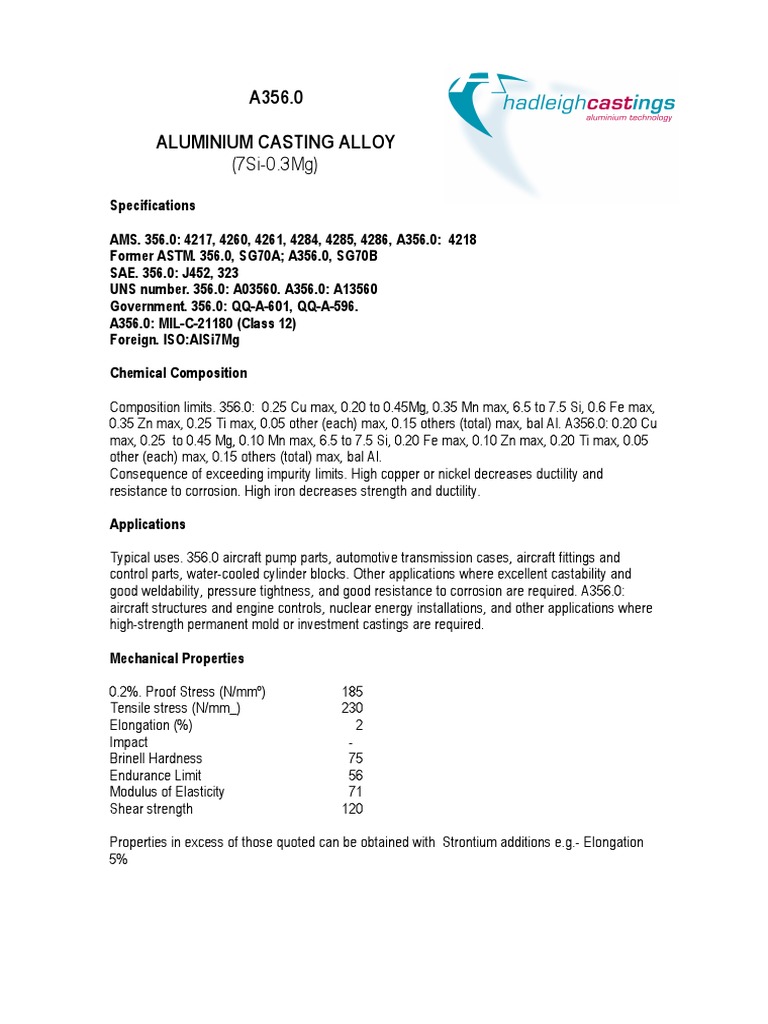 A356.0 Alloy Detail | Download Free PDF | Strength Of Materials | Yield ...
