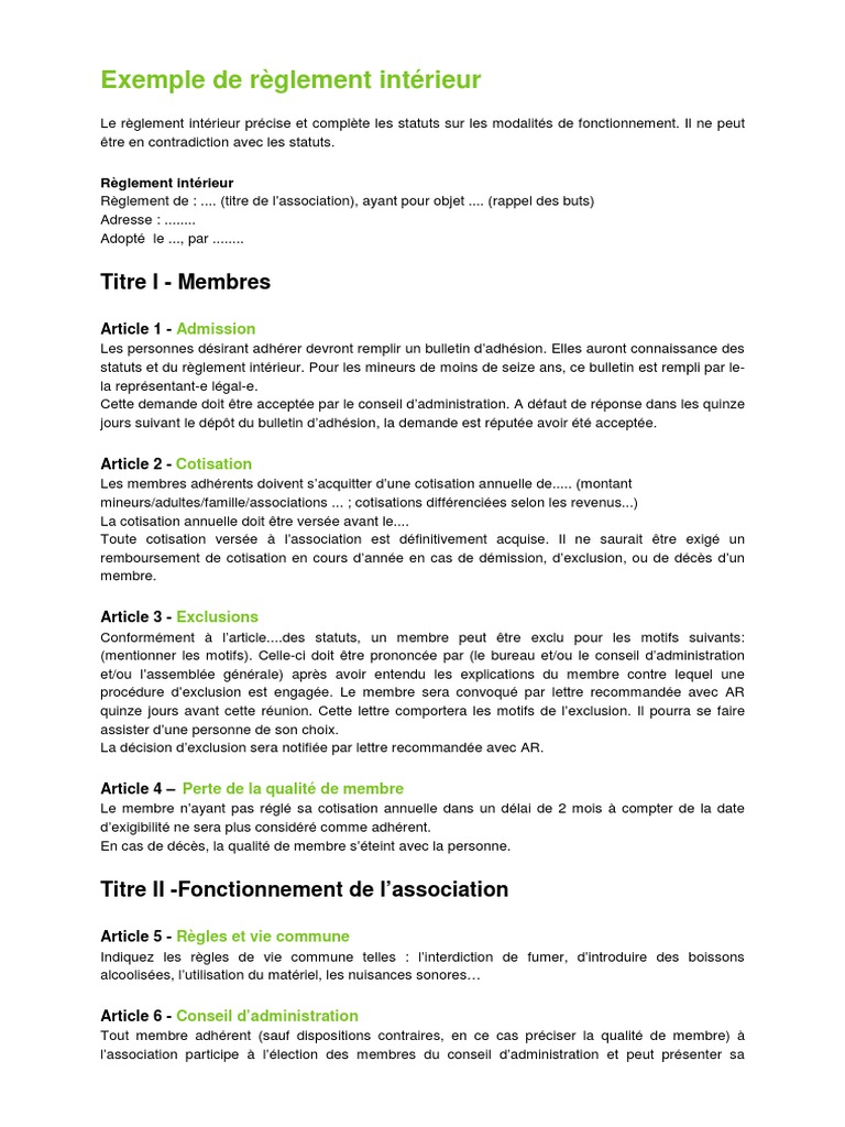 Exemple de règlement intérieur Titre I  Membres  Statuts  Vote