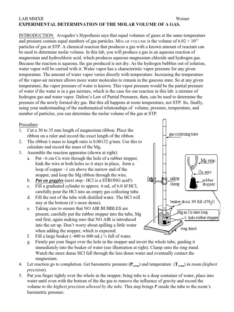Lab Experimental Determination of The Molar Volume of A Gas Revised PDF Properties Of Water
