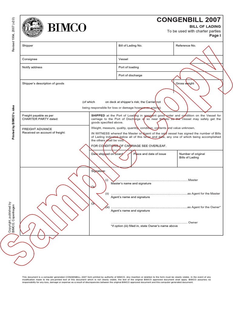 Https WWW - Bimco.org Media Chartering Document Samples Bill of Ladings ...