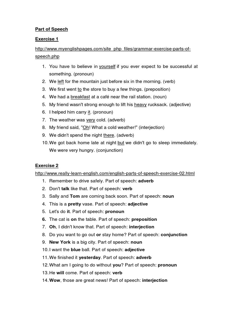 Exercise Part of Speech Part Of Speech Adjective