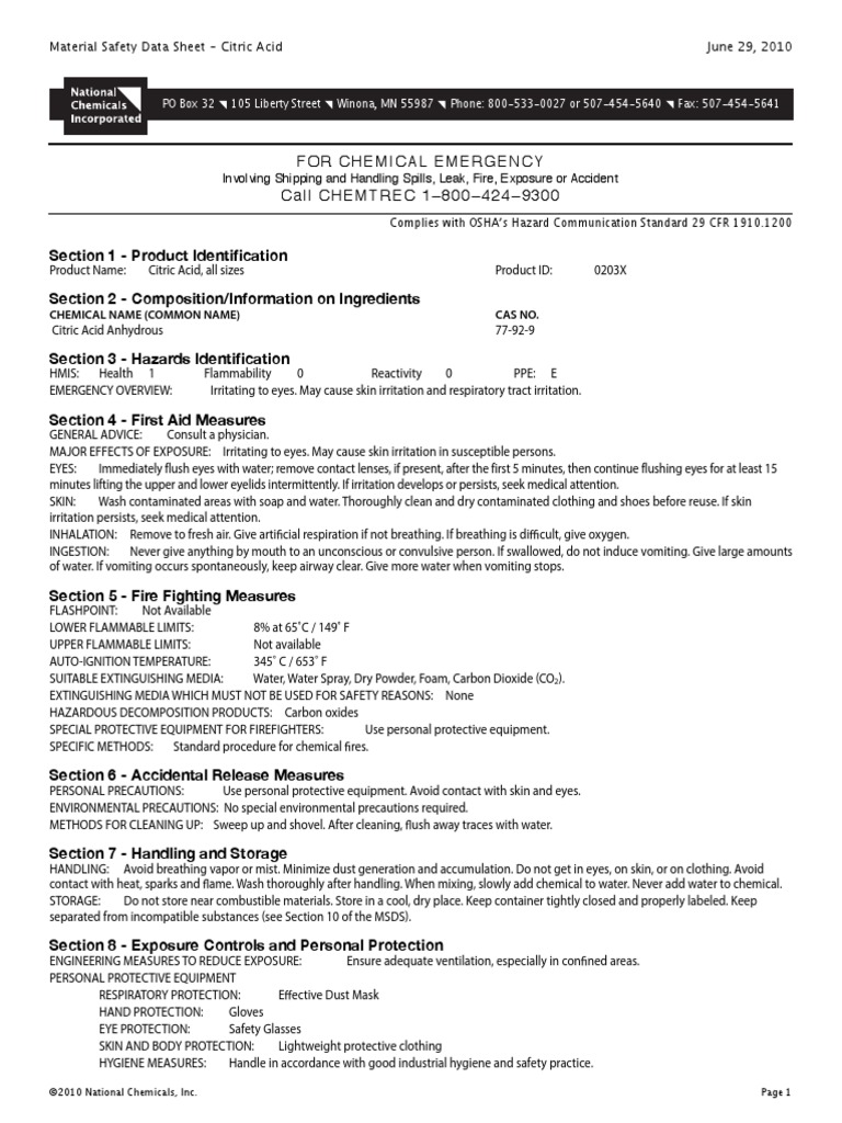 Msds citric acid 6 10 pdf chemistry materials