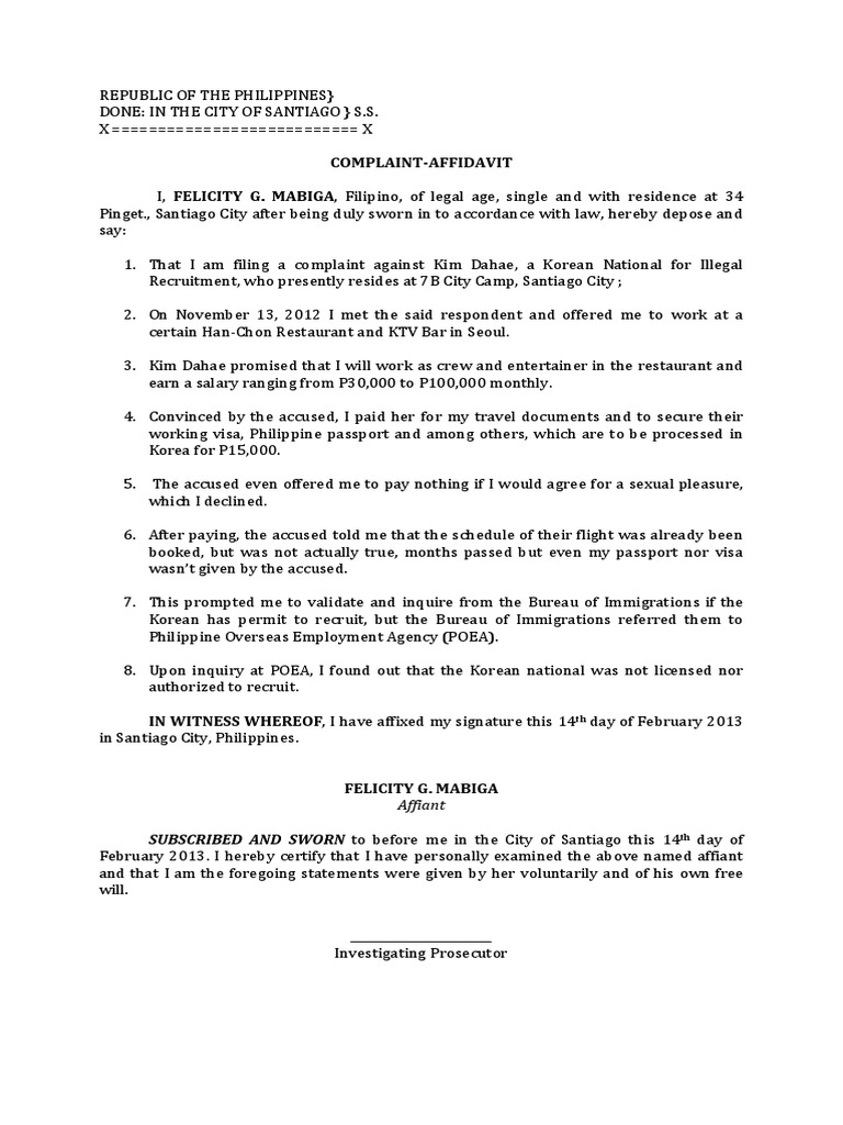 Complaint-Affidavit For Illegal Recruitment | PDF