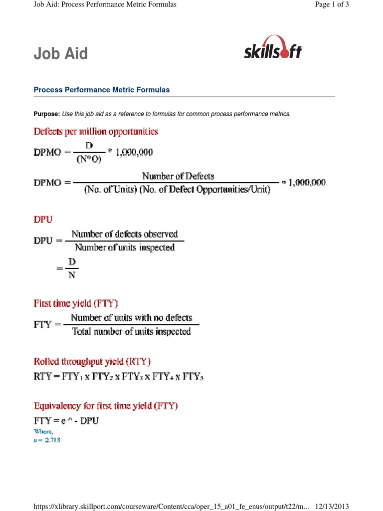 Job Aid: Process Performance Metric Formulas | PDF
