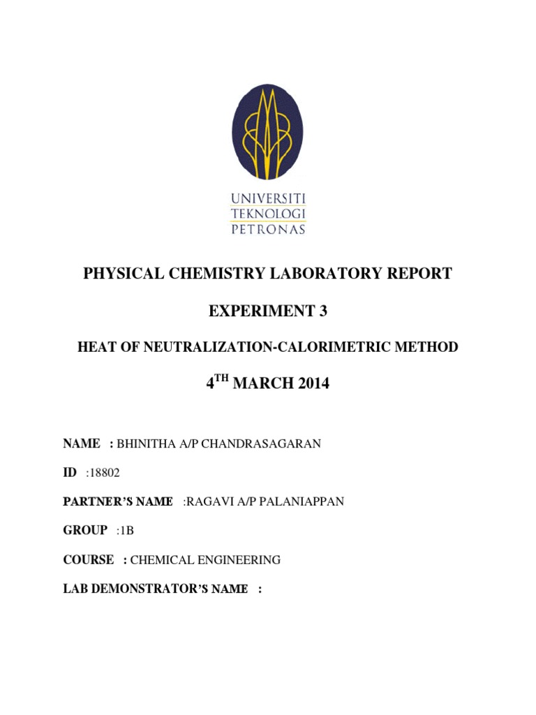 Physical Chemistry Laboratory Report Experiment 3 Heat of