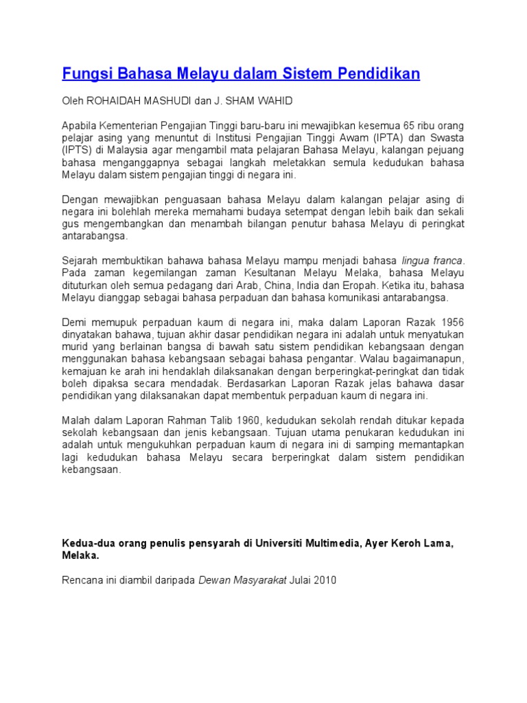 1 Fungsi Bahasa Melayu Dalam Sistem Pendidikan Pdf