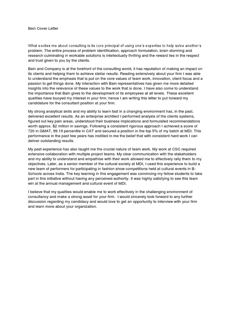 bain consulting cover letter example