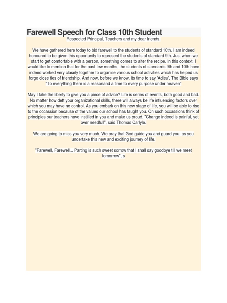 Farewell speech for outgoing students by juniors picture