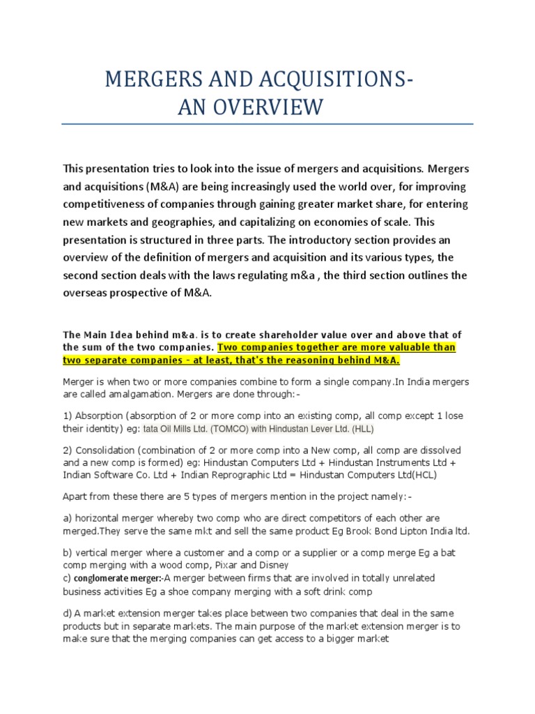 Mergers and Acquisitions Overview | PDF | Takeover | Mergers And ...