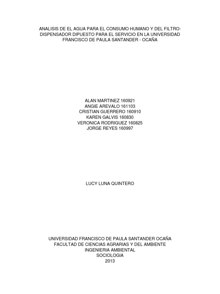 Analisis De El Agua Para El Consumo Humano Y Del Filtro