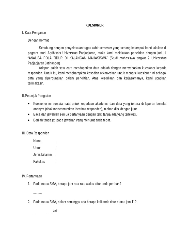 Kuesioner Stadas Pola Tidur