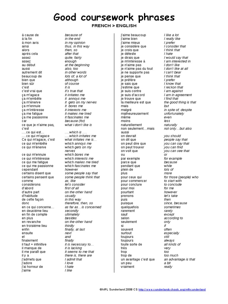 university level french essay phrases