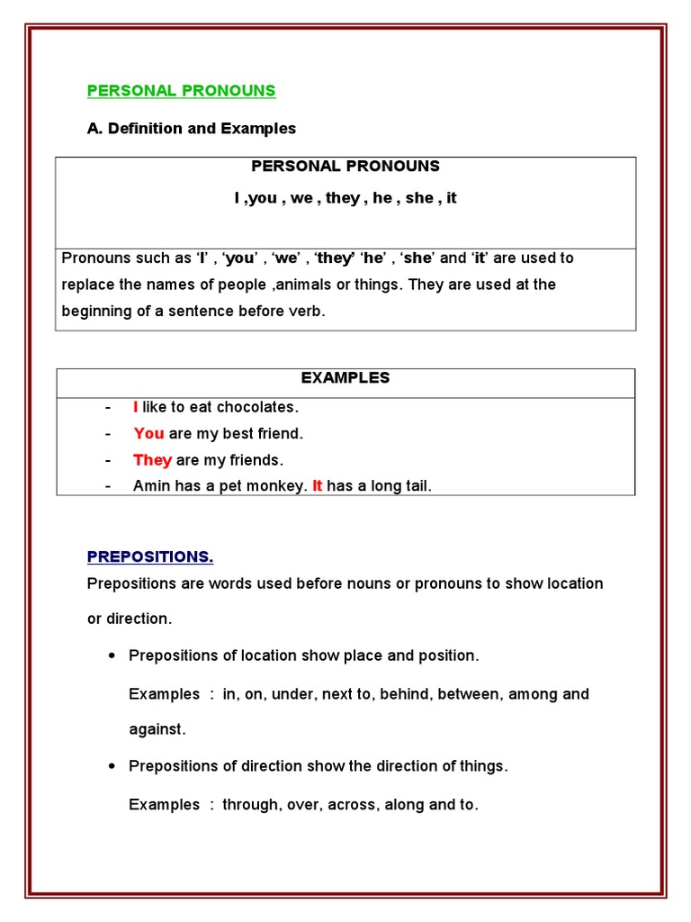 A. Definition and Examples Personal Pronouns I, You, We, They, He, She ...