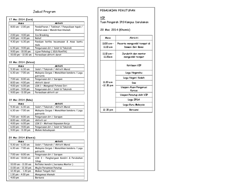 Jadual Program: Tuan Pengarah IPG Kampus Darulaman | PDF | Travel ...