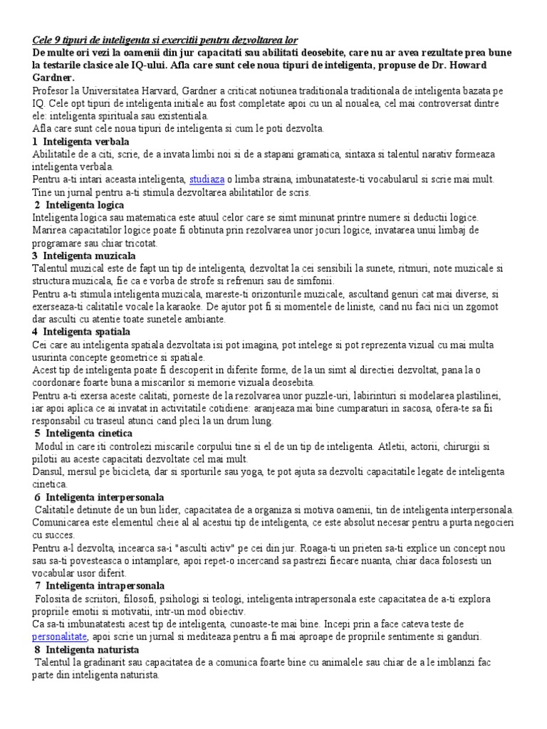 Cele 9 Tipuri de Inteligenta Si Exercitii Pentru Dezvoltarea Lor | PDF