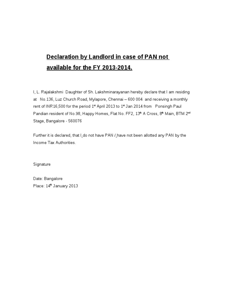 Declaration by Landlord in Case of PAN Not Available For The FY 2013 ...