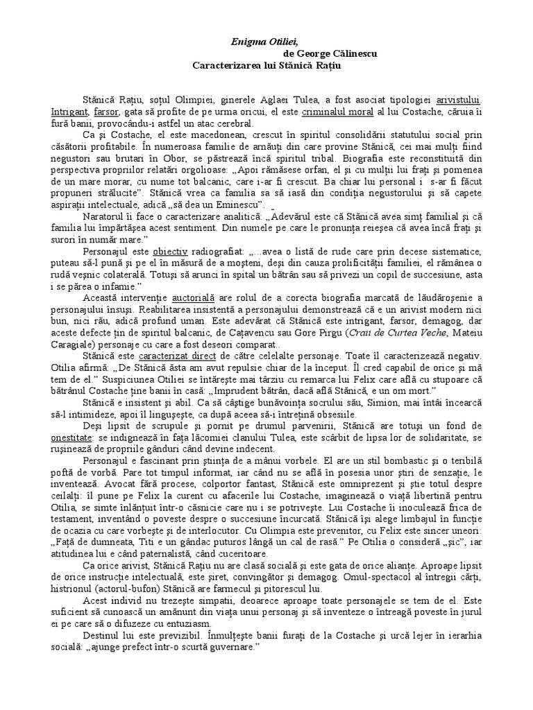 Calinescu Enigma Otiliei, Caracterizarea Lui