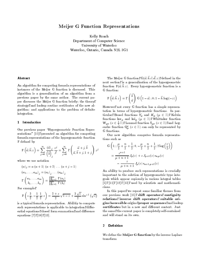 Meijer G-Function Representations | PDF | Integral | Mathematical Analysis