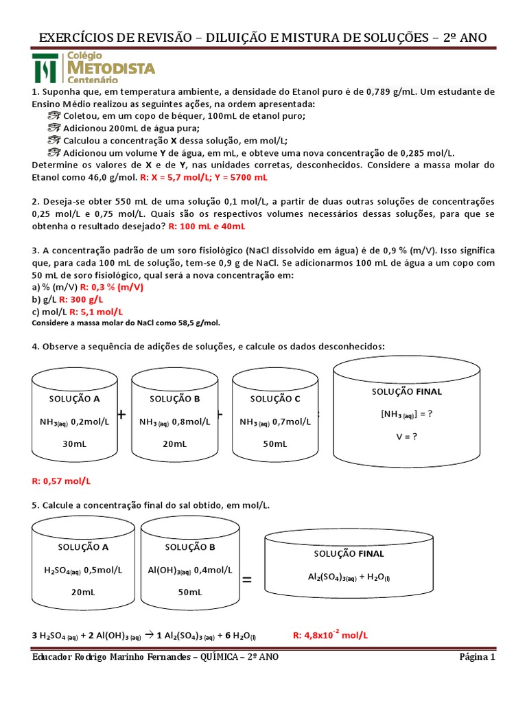 Exercícios de revisão sobre diluição e mistura de soluções químicas ...