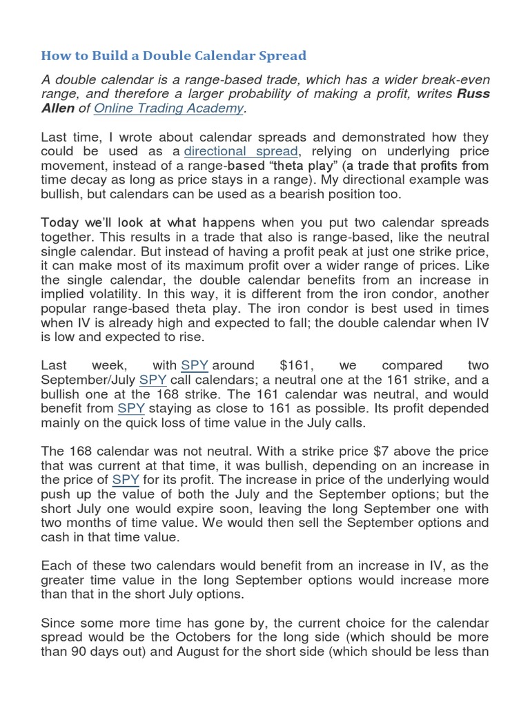 How To Build A Double Calendar Spread | PDF | Option (Finance) | Greeks  (Finance)