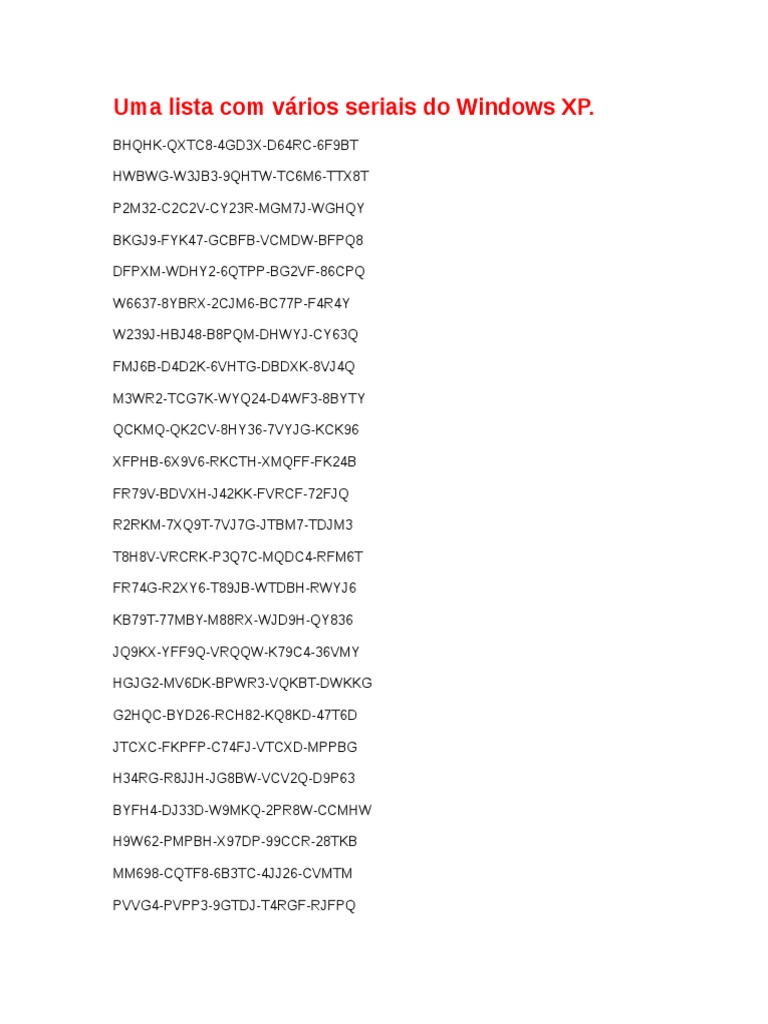 Lista Com Vários Seriais Do Windows XP, PDF