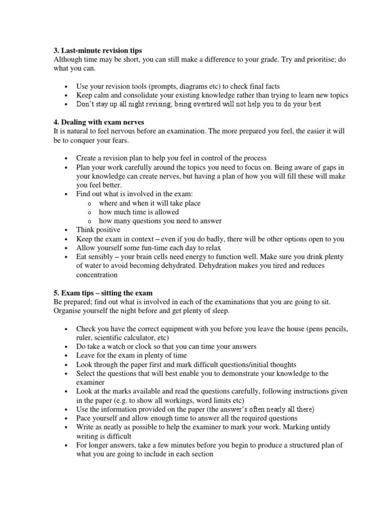 Before An Exam Tips! PDF Test (Assessment) Knowledge