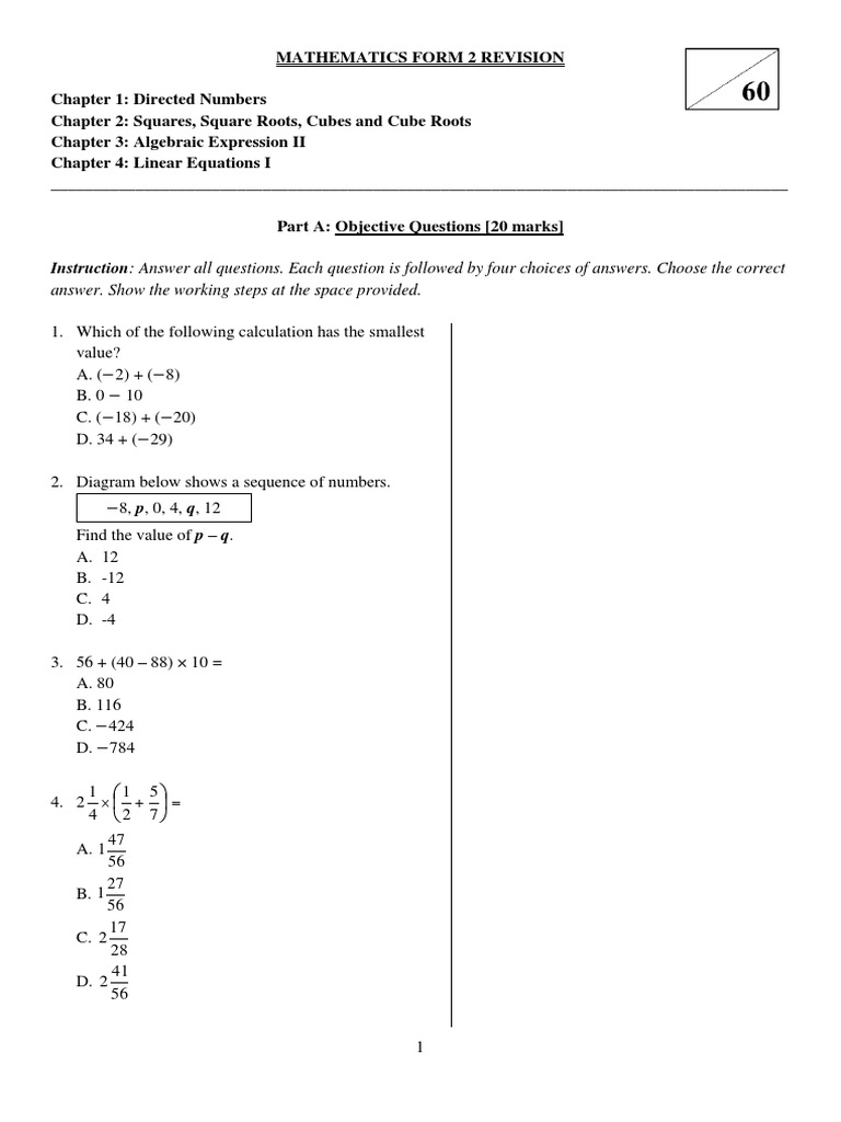 Mathematics Form 2 Revision | Area | Equations