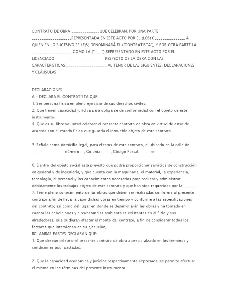 Contrato de Obra a Precio Alzado Pagos Negocios (general)