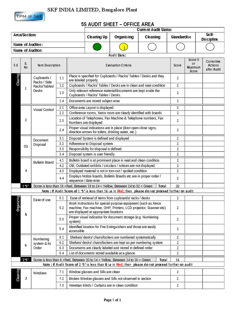 5s Office Area Audit Sheet Process Management Risk