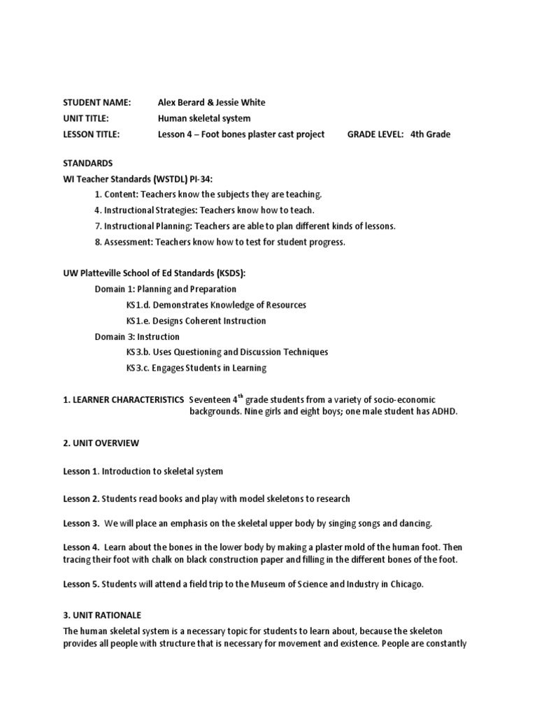 Foot Project Lesson Plan | PDF | Skeleton | Teachers