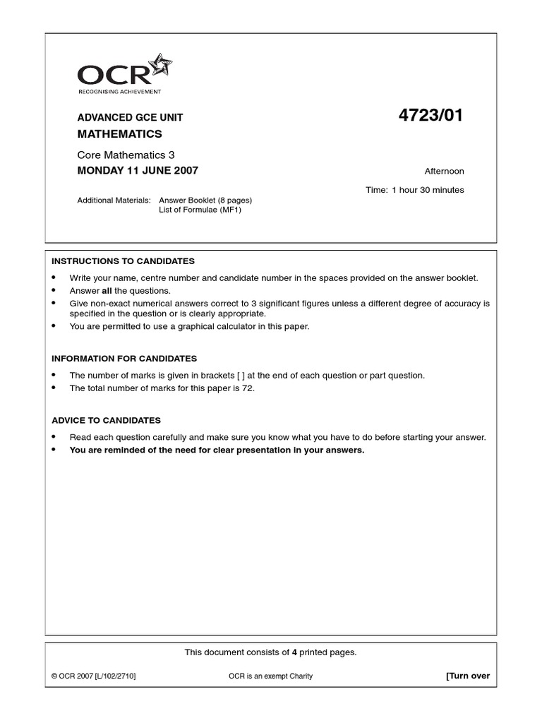 june 2007 c3 OCR past paper maths Physics & Mathematics Mathematics