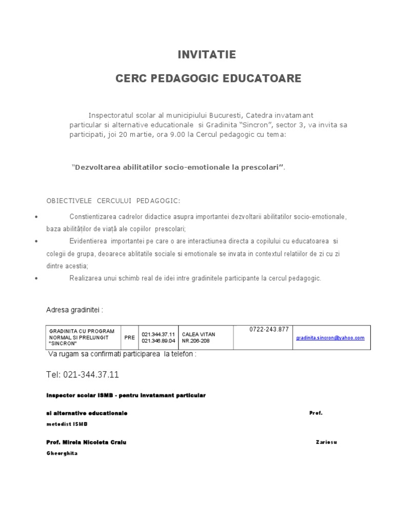 Invitatie Cerc Pedagogic