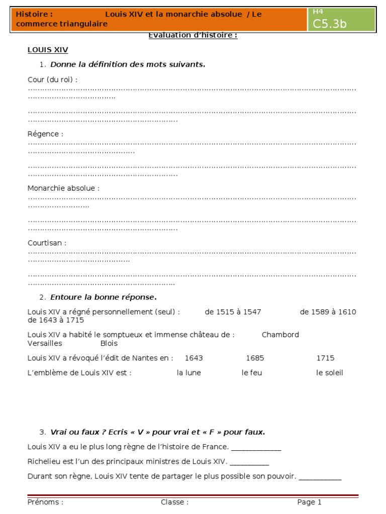 Evaluation D Histoire Cm2 La Revolution Industrielle Evaluation Louisxiv Commerce Triangulaire | PDF | Louis XIV de France