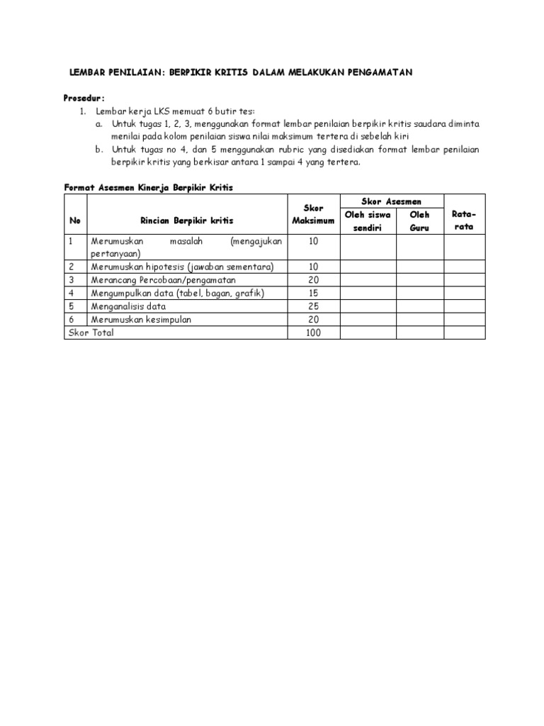 Rubrik Berpikir Kritis