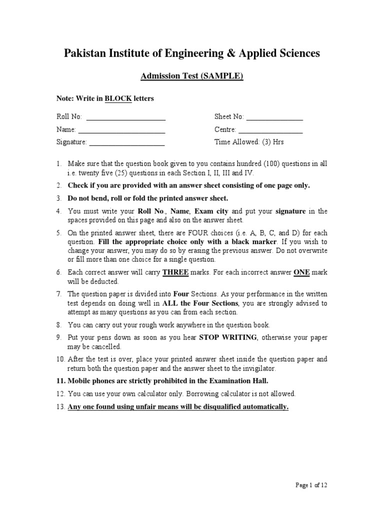 PIEAS BS Entry Test Sample Paper | PDF | Teaching Methods & Materials ...