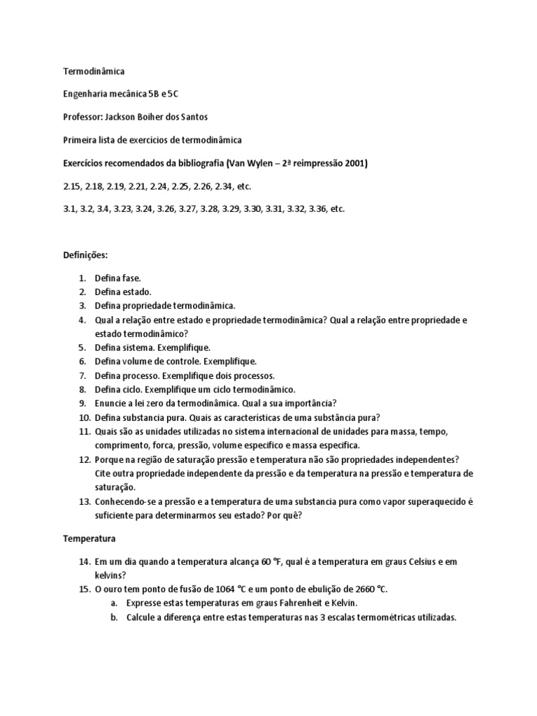 Lista de Exercicios Termodinamica - 1 | PDF | Temperatura | Pressão