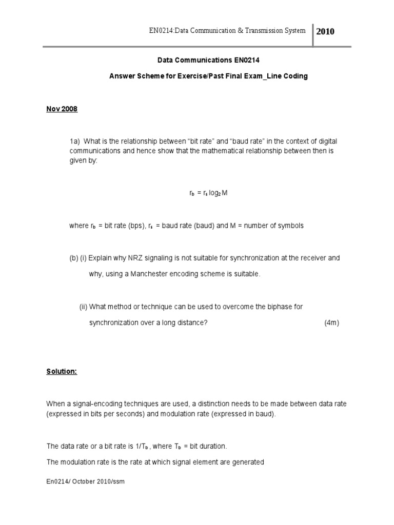 Data Communications Exercise Line Coding | PDF | Bit Rate | Data ...