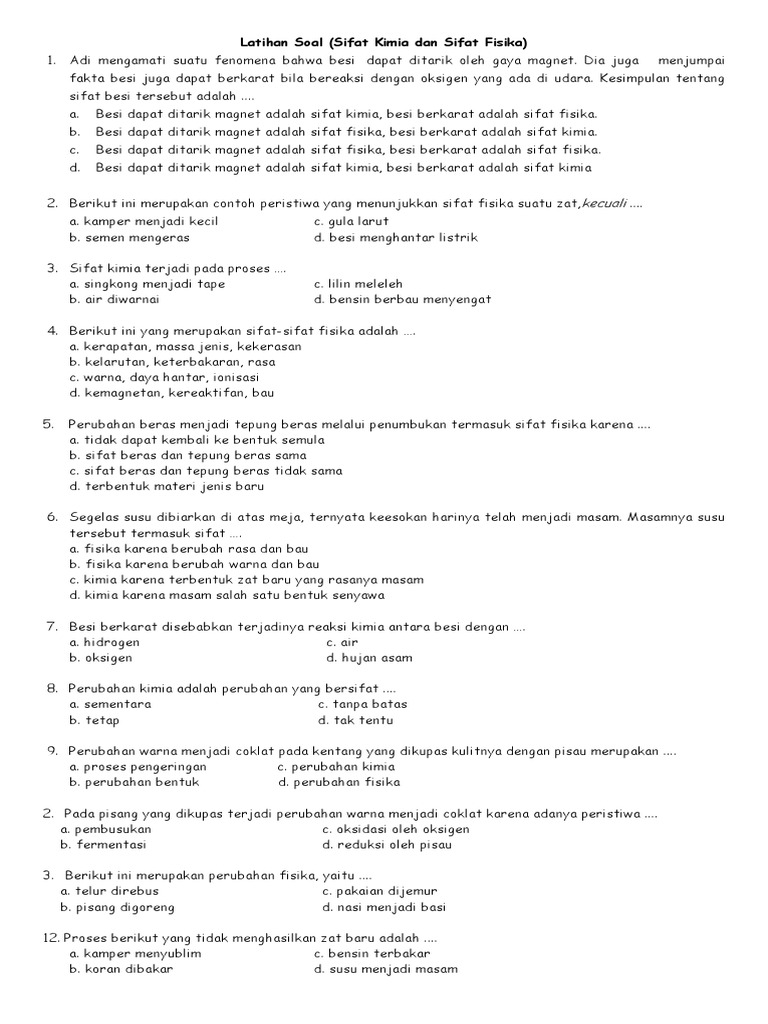 Latihan Soal Sifat Kimia Dan Sifat Fisika