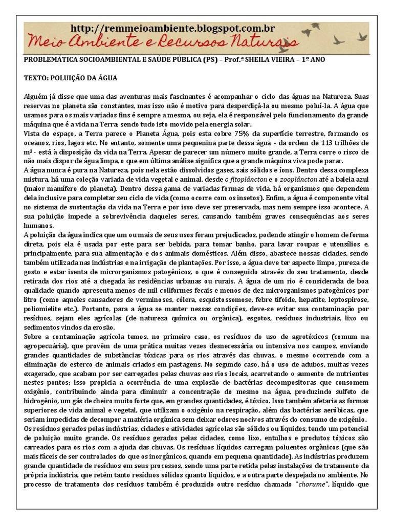 Texto Sobre Poluição Da Agua Com Interpretação
