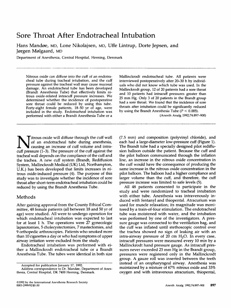 Sore Throat After Endotracheal Intubation PDF Anesthesia Surgery